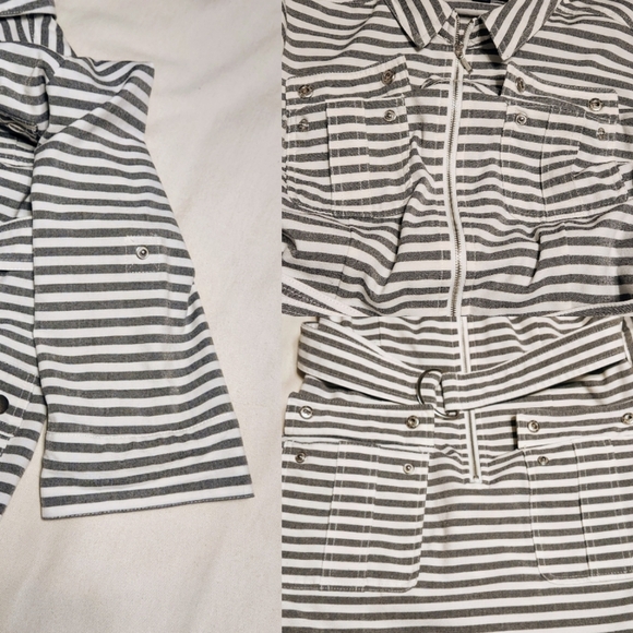 ❗️SOLD❗️Sharagano Striped Convertible Sleeve Zip Belted Utility Shirt Dress Grey - Picture 9 of 12